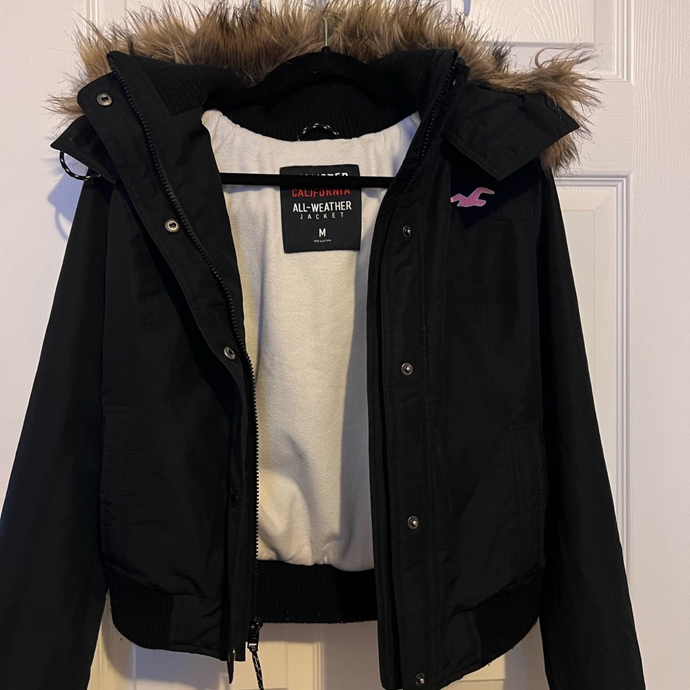 Hollister Black Faux-Fur Trim All-Weather Puffer Jacket